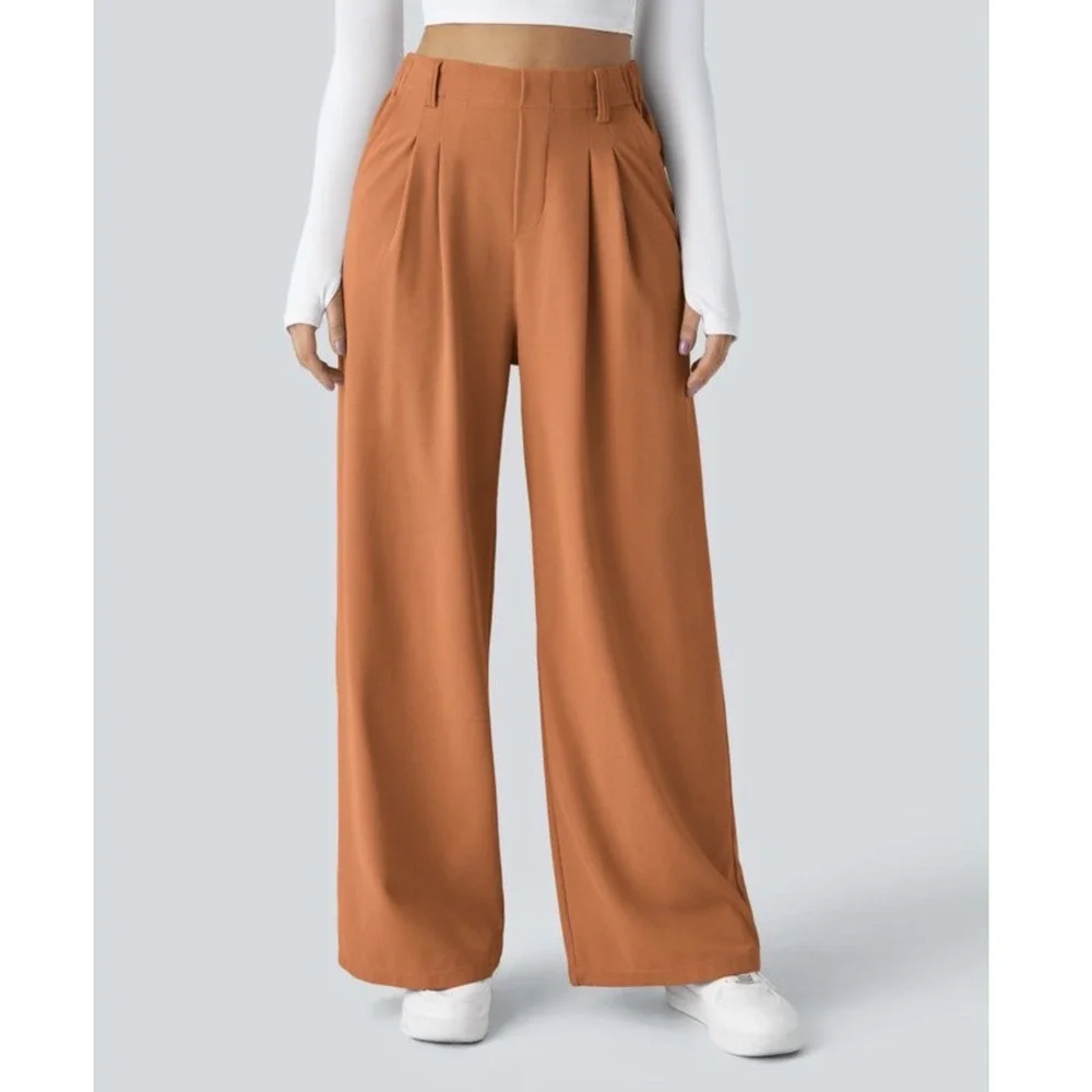 Halara High Waisted Wide Leg Pleated Trousers Rust Orange XS Regular New - Picture 1 of 7